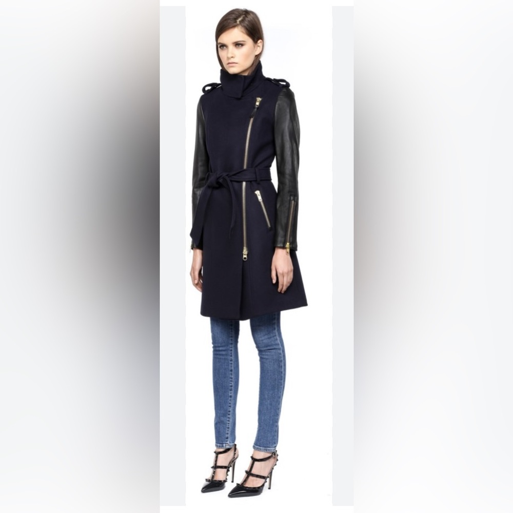 Mackage Leather Wool Coat Navy View 2